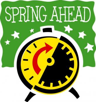 cartoon clock with spring ahead caption